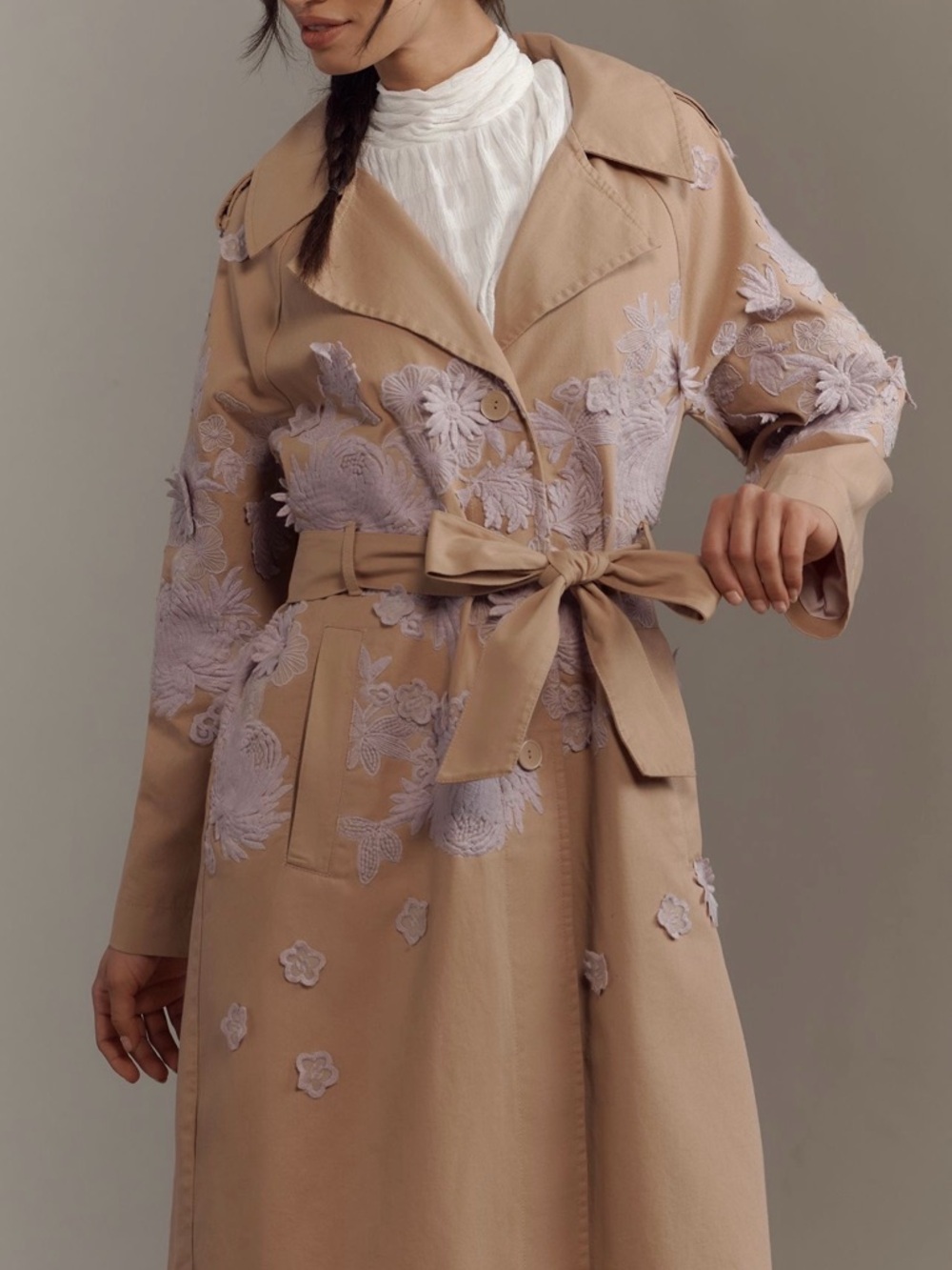 NWT Anthropologie Beige Trench Coat with Lilac Floral Appliqué